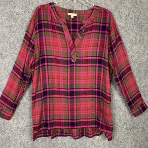 Jane & Delancey Long Sleeve Top S Pink Navy Plaid Hi-Low Light Weight Flannel